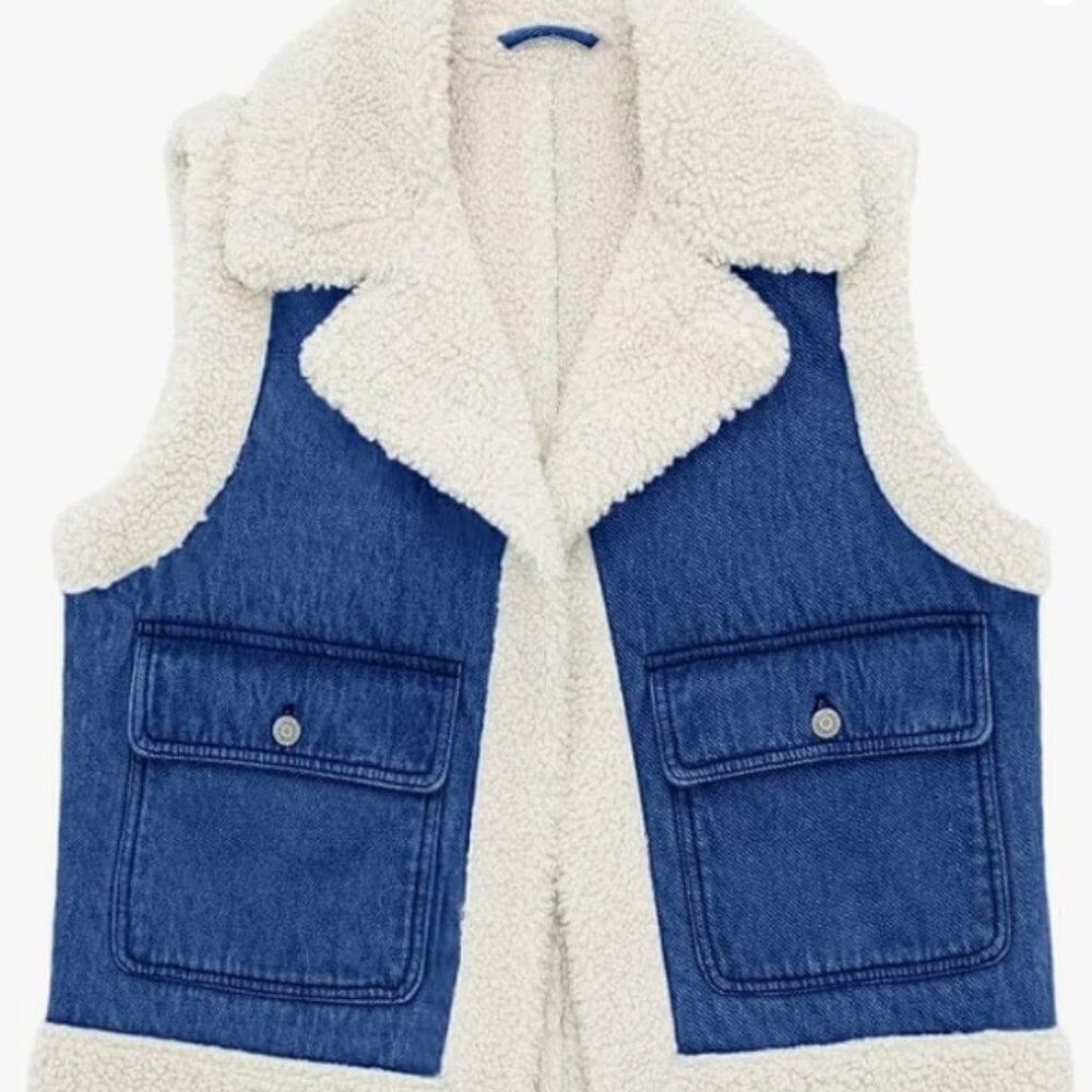 Tankaneo Womens Sherpa Denim Vest Oversized Fleece Lined Sleeveless Jean Jacket